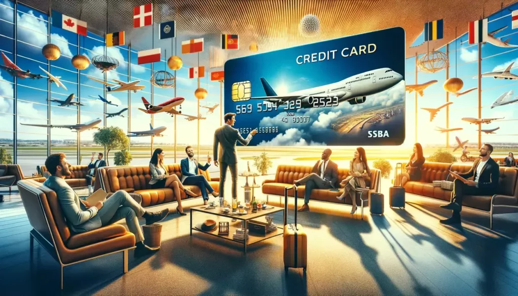 Modern airport lounge scene with travelers relaxing and a central figure displaying a credit card co-branded with airline and hotel symbols, amidst comfortable seating and large windows overlooking the runway, highlighting the luxury of travel rewards programs.
