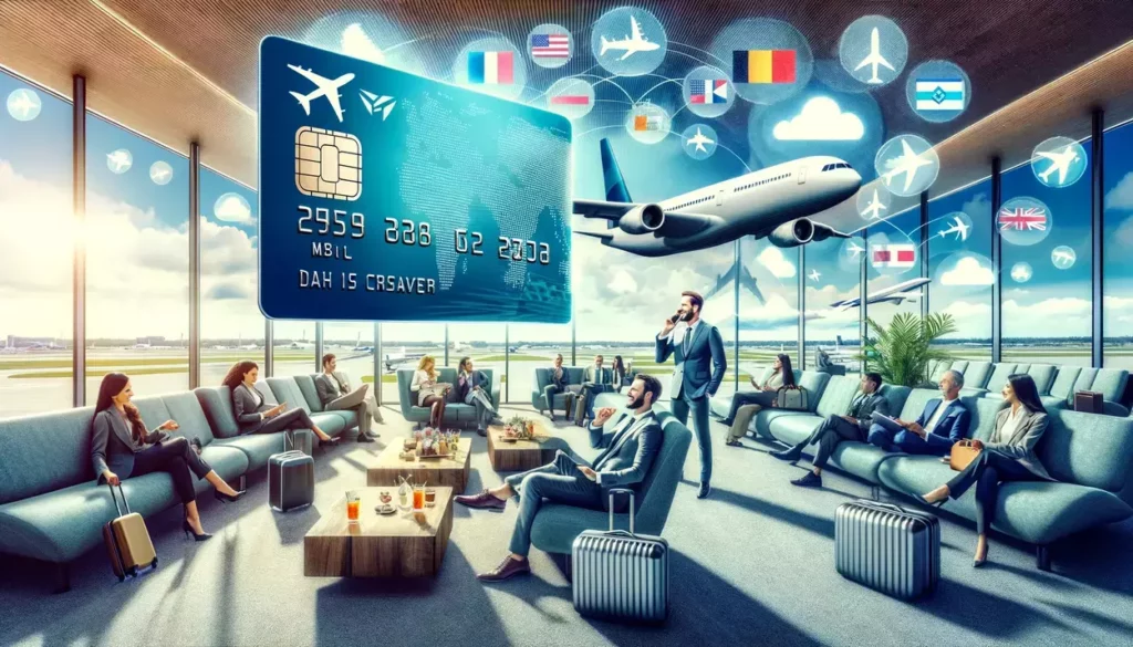 Luxurious airport lounge setting with travelers discussing plans, featuring a prominent credit card with airline and hotel logos, comfortable modern seating, and international flags decorating the space, capturing the anticipation and smart use of travel rewards.