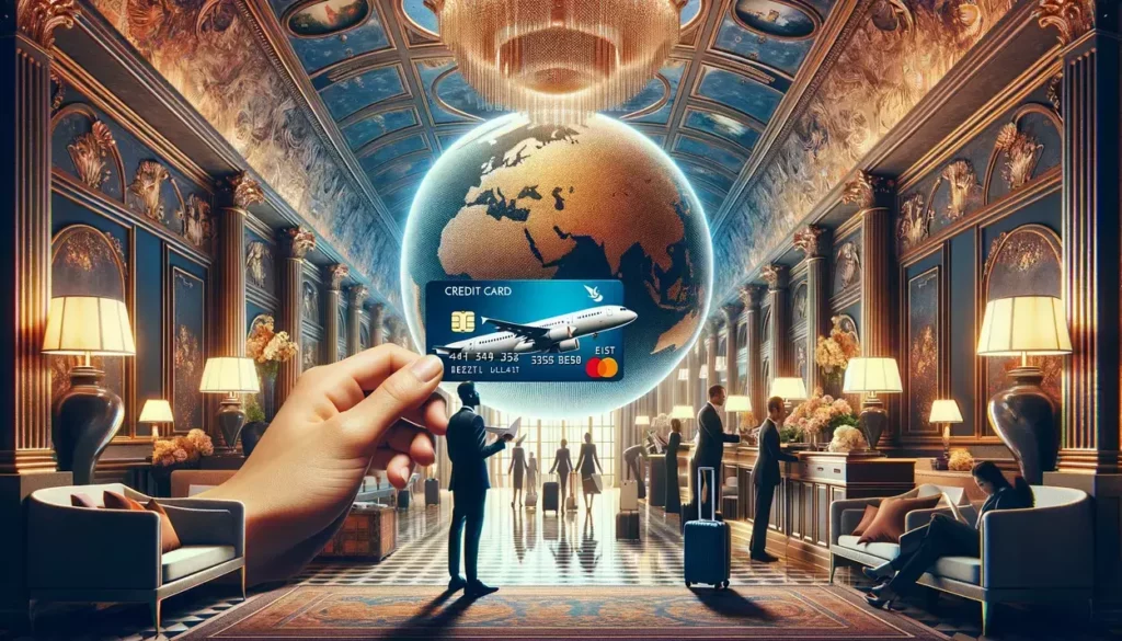 A luxurious hotel lobby scene with guests checking in and a person holding a credit card featuring airplane and hotel logos, symbolizing travel rewards. A globe or world map is subtly present in the background, highlighting global travel opportunities.