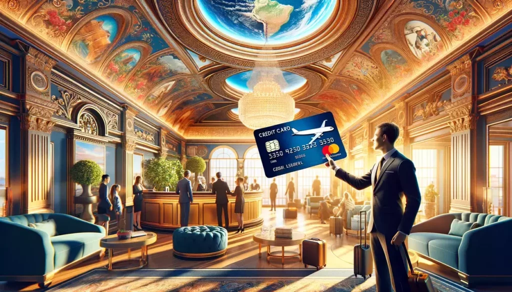 Opulent hotel lobby with vibrant decor, a guest holding a travel rewards credit card with prominent airplane and hotel logos, with excitement for travel adventures. A world map or globe subtly enhances the background, representing the joy of exploring the world through maximizing miles and points.