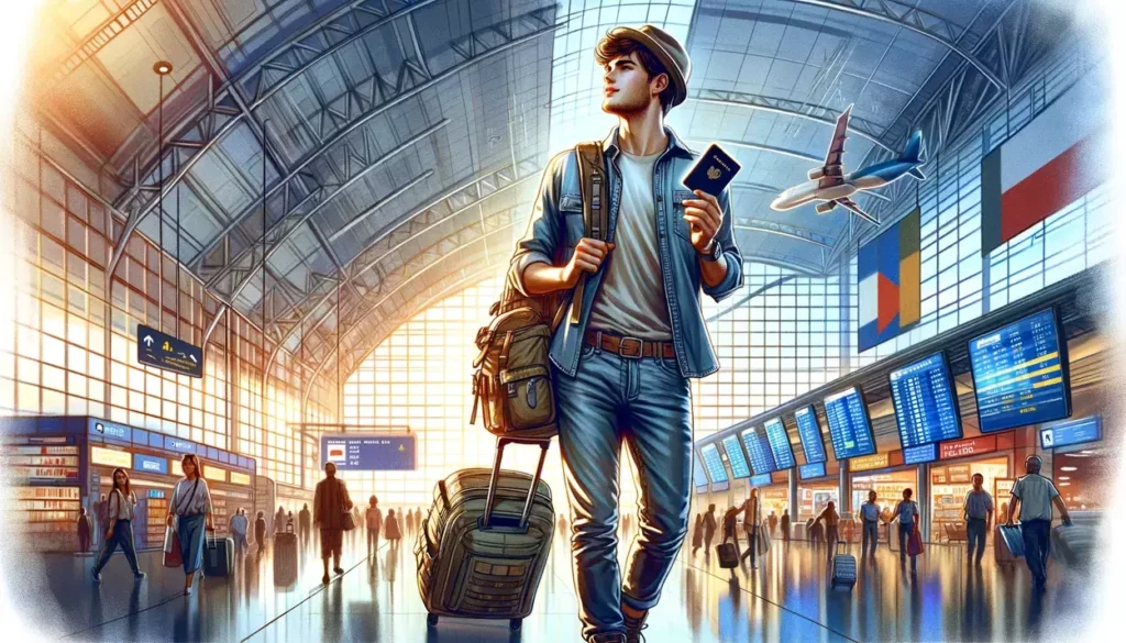 solo traveler navigating an international airport terminal, capturing the essence of solo travel and the excitement of exploring the world with the aid of a travel credit card.