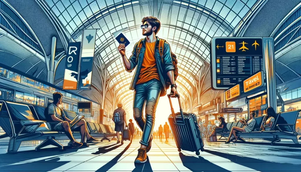 solo traveler navigating an international airport terminal, capturing the essence of solo travel and the excitement of exploring the world with the aid of a travel credit card.