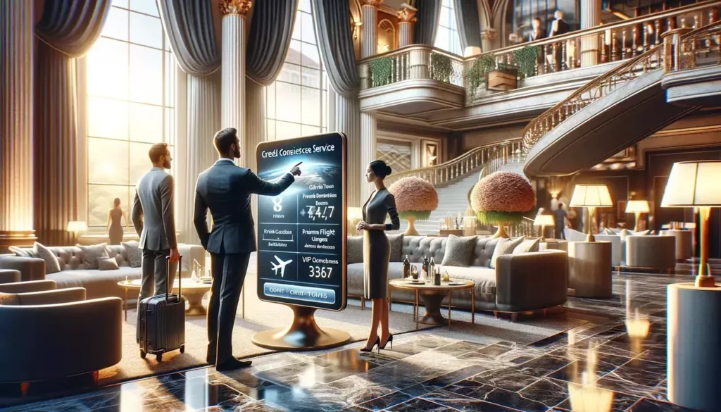 Luxury travel concierge service scene with a concierge and sophisticated travelers in a high-end hotel lobby, showcasing exclusive travel benefits on a digital display.