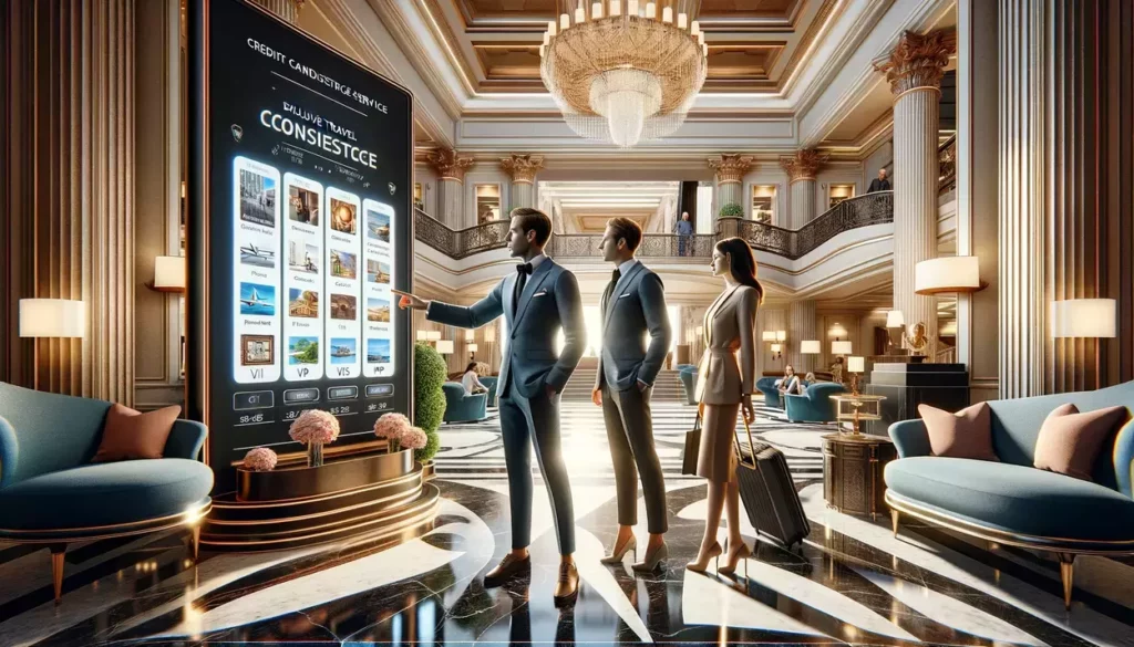 A concierge in an opulent hotel lobby discussing exclusive credit card travel benefits with travelers, highlighting premium experiences and VIP access.