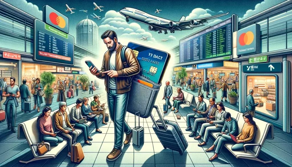 traveler using a credit card securely to protect against fraud while traveling.