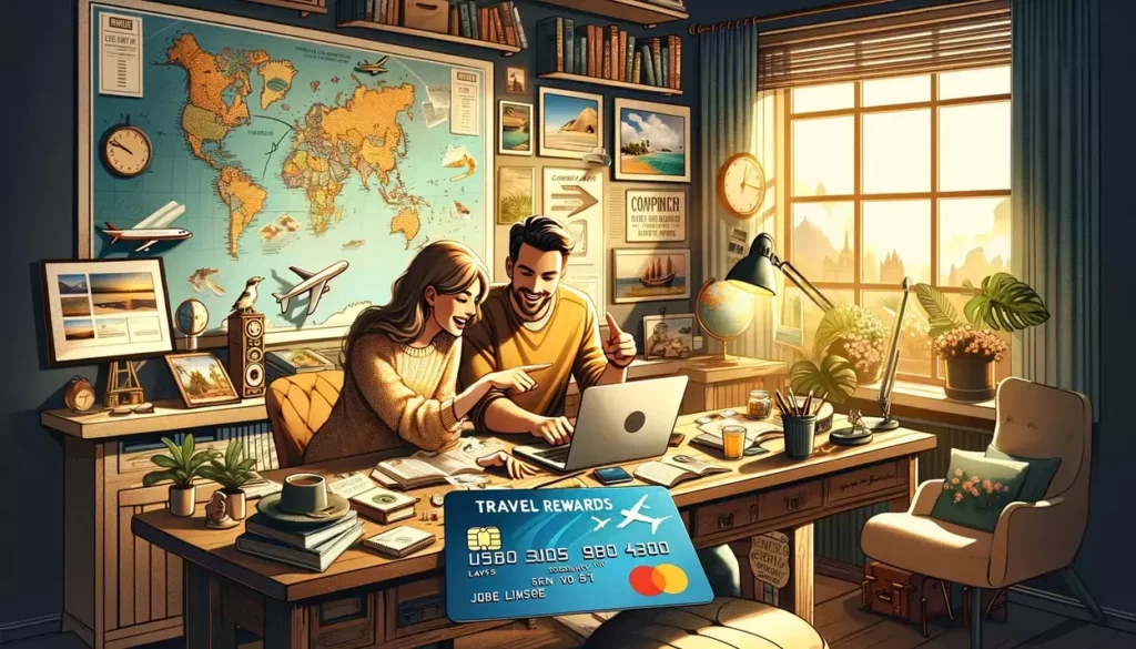adventurous couple planning their next trip, surrounded by the essence of travel and the perks of using a travel rewards credit card.