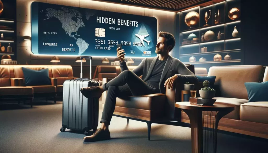 uncovering hidden credit card perks for travelers. Each image captures a sophisticated traveler in an airport lounge, enjoying the exclusive benefits of their travel-focused credit card.