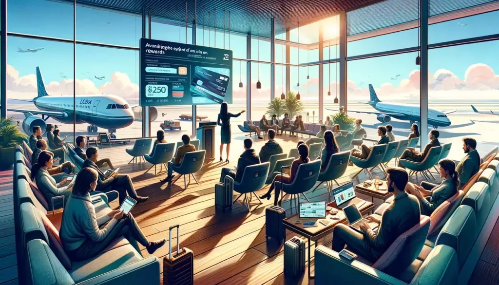 illustrated scenes depicting travelers engaged in a workshop on maximizing the use of credit card rewards at an airport lounge.