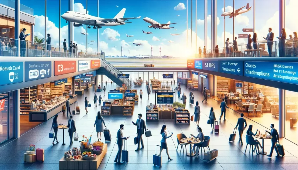 illustrated scenes depicting travelers at an airport, actively engaging with various services to earn and redeem rewards points, all without the use of text or letters in the imagery.
