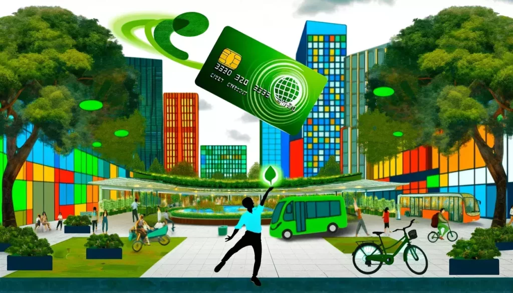 illustrations depicting a vibrant, sustainable urban environment with a focus on eco-friendly travel and green living, featuring a person holding an eco-friendly credit card