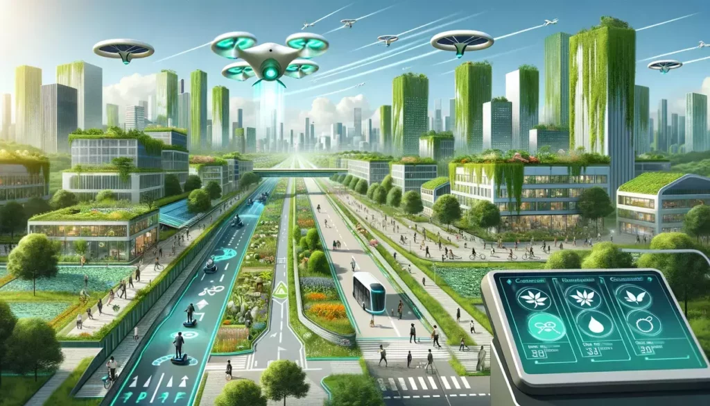 illustrations showcasing the innovative and green travel concept within a futuristic cityscape.