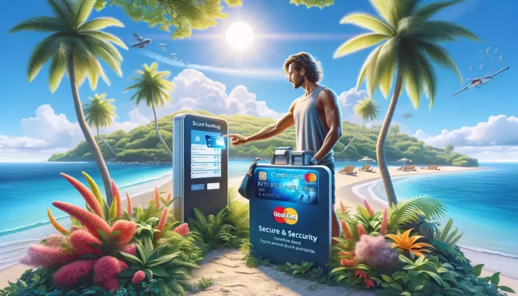 A serene beach scene with a traveler booking an adventure activity at a beachside kiosk using a secure credit card, surrounded by tropical flora, with a clear ocean and sunny sky in the background, highlighting the ease and security of travel transactions.