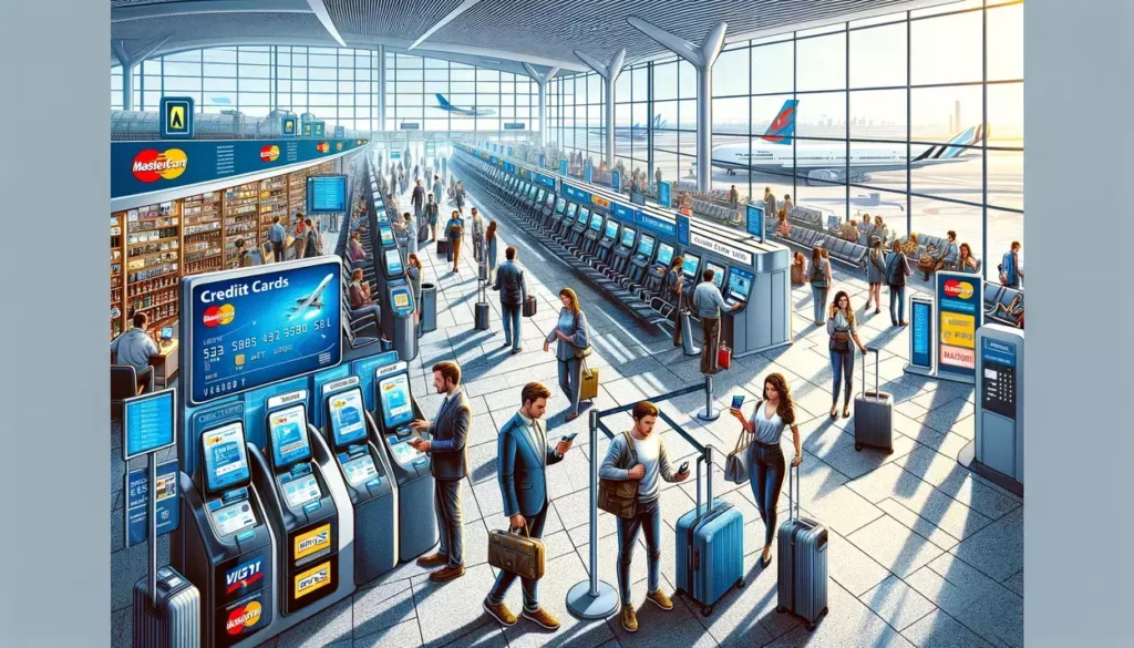 A bustling airport terminal scene highlighting the use of credit cards for secure and convenient travel, with travelers confidently using their cards at check-in kiosks, duty-free shops, and VIP lounges, showcasing a seamless, technology-integrated travel experience.