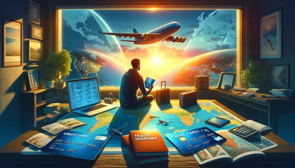A realistic scene depicting a person planning a secure travel with credit cards at a desk, surrounded by travel guides and a laptop showing travel insurance options, with an airplane taking off in the sunset background through a window.