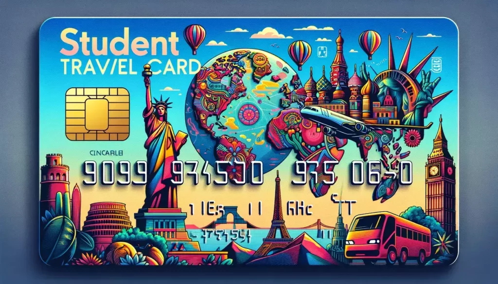 The illustration showcases a travel-themed student credit card set against a vibrant, colorful world map background, symbolizing global exploration. Iconic landmarks such as the Eiffel Tower, Great Wall of China, Statue of Liberty, and the Pyramids of Egypt are featured in the foreground, representing international travel. A sleek, modern credit card overlaid on the image displays the words 'Student Travel Card' in a stylish font, complete with generic chip and number details, capturing the spirit of adventure and financial freedom for young adults.