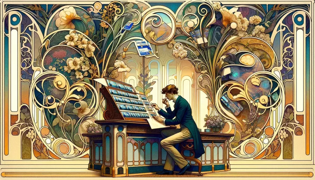 An Art Nouveau scene with a person combining prepaid credit cards, surrounded by ornate designs and a detailed guide, blending financial management with elegant, natural motifs.