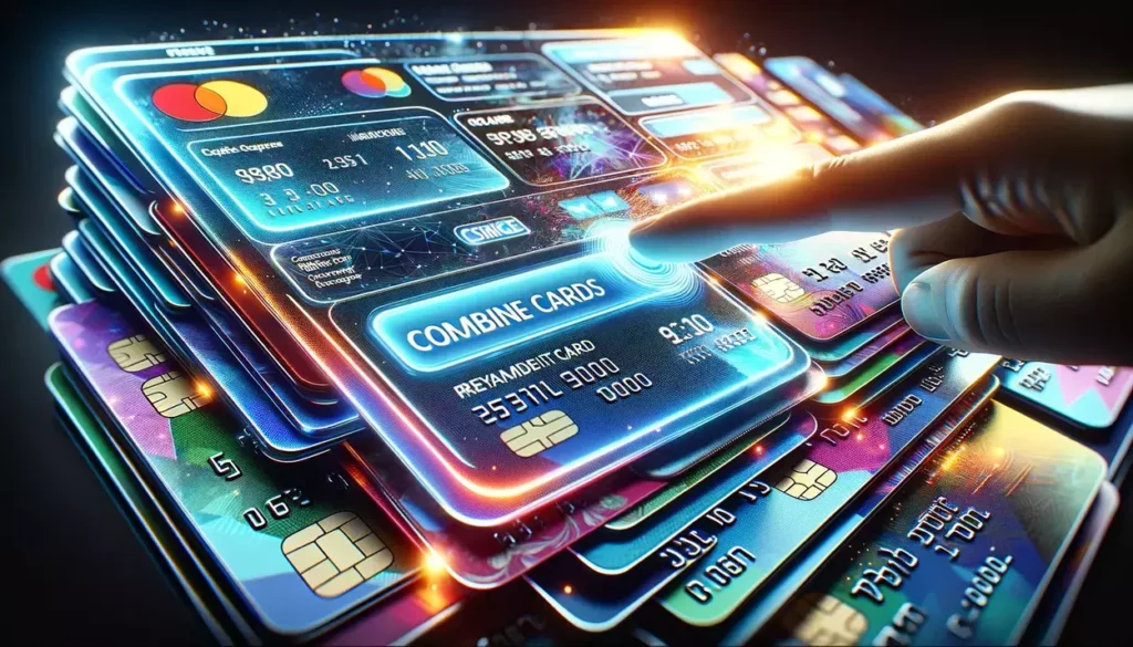 Extreme close-up of a computer screen with a 'Combine Cards' guide and colorful prepaid credit cards, highlighting the detailed digital process of financial consolidation.