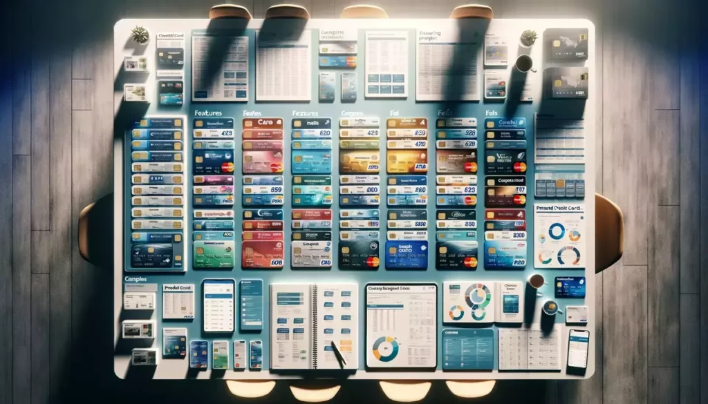 Aerial view of a table covered with various prepaid credit cards and informational materials, highlighting the process of comparing features and fees.