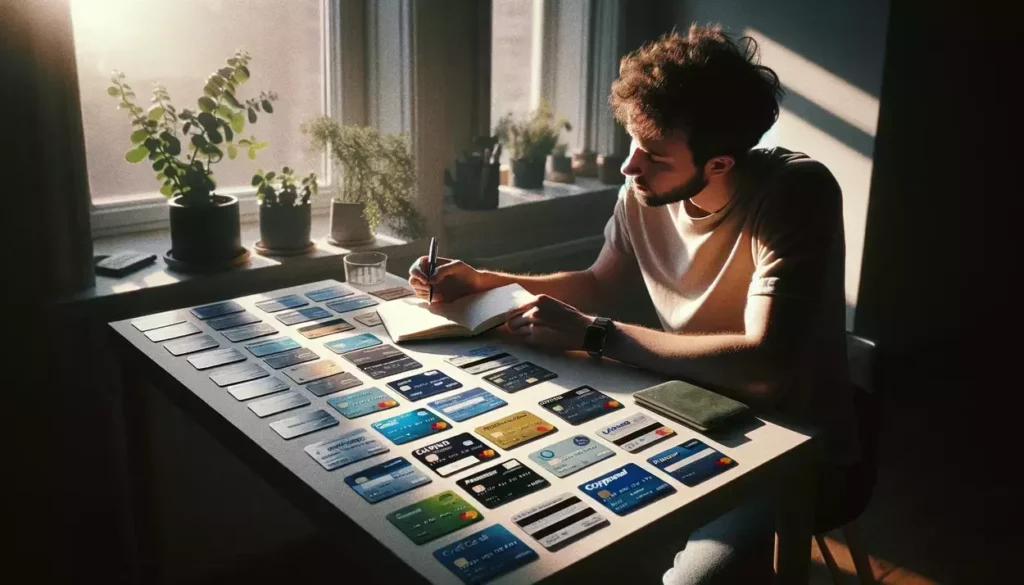 A consumer compares prepaid credit cards on a desk, captured in the nostalgic, warm ambiance of a 35mm film style, highlighting the detailed process of evaluating features and fees.