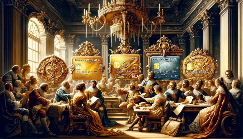 Baroque-era characters discuss ornate, golden prepaid credit cards at a lavish table, surrounded by the opulence of the period, highlighting features and fees.