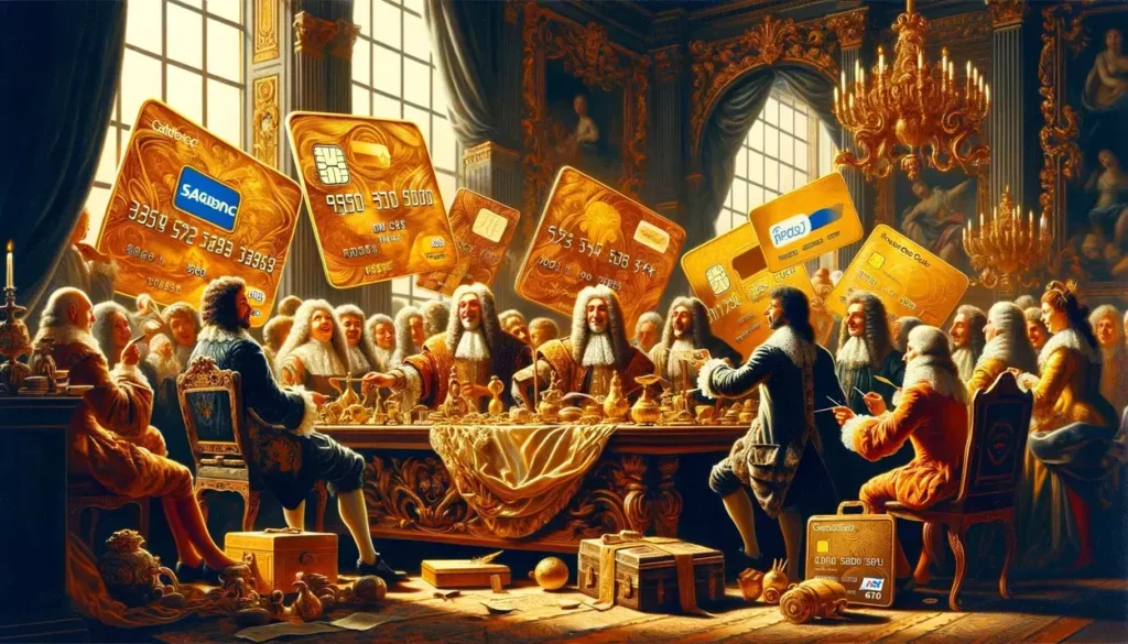 Baroque-era characters discuss ornate, golden prepaid credit cards at a lavish table, surrounded by the opulence of the period, highlighting features and fees.