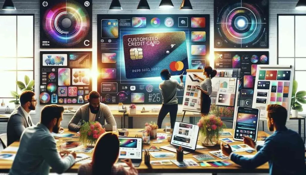 Modern fintech office with a diverse team brainstorming prepaid credit card customizations, featuring vibrant displays of card designs, mood boards, and a designer sketching innovative card features