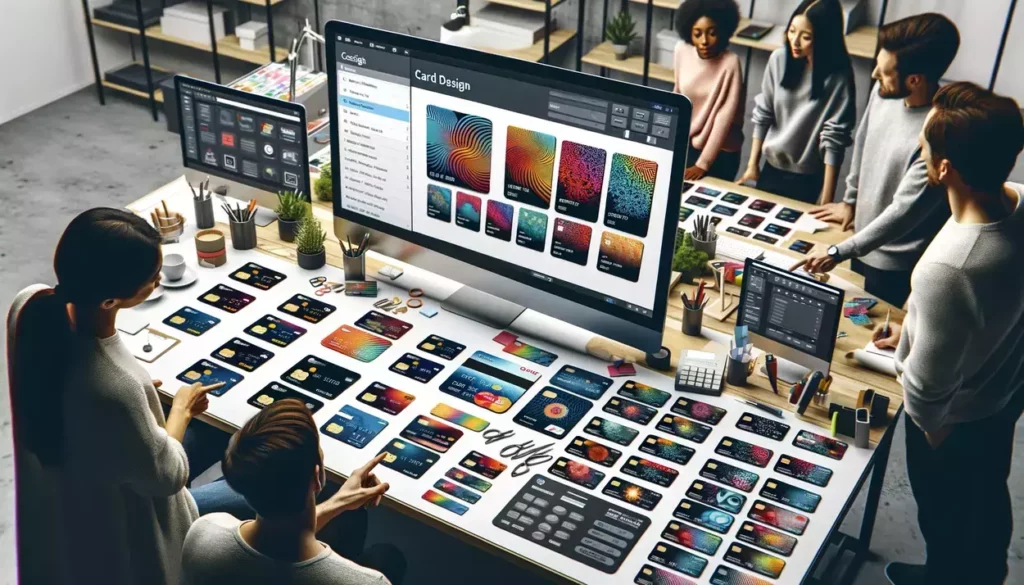 Design team collaboratively customizing prepaid credit cards in a high-tech studio, surrounded by design software and sample cards with various artistic patterns.