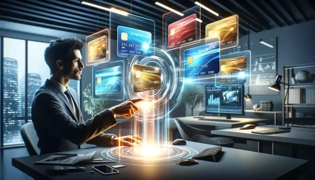 A youthful individual interacts with a futuristic holographic interface, displaying vibrant digital prepaid credit cards in a high-tech financial office, symbolizing innovation and digital banking convenience