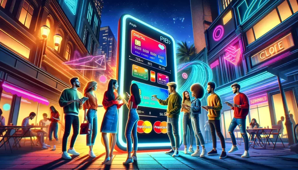 Diverse young adults gather around a large, interactive digital screen selecting digital prepaid credit cards in a lively urban setting at dusk, showcasing technology-enhanced financial independence.