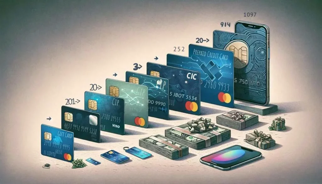 A detailed timeline illustrating the evolution of prepaid credit cards, starting with simple gift cards on the left and evolving into sophisticated financial instruments on the right. Early stages show basic gift card designs, which transition into advanced cards featuring chip technology, holograms, and a mobile phone representing mobile banking capabilities. The progression is guided by visual cues, set against a subtle background to highlight the development.