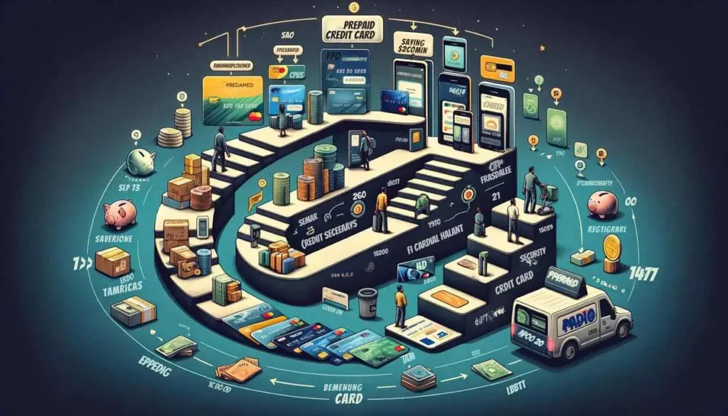 An infographic illustrating the evolution of prepaid credit cards from simple gift cards to advanced financial instruments. It starts with basic cards and progresses to cards with chip technology and security holograms. Icons like piggy banks, credit score symbols, and digital wallets depict the benefits and financial flexibility offered by modern prepaid cards. The transformation is clearly marked, emphasizing the enhanced functionalities and advantages of today's prepaid credit cards.