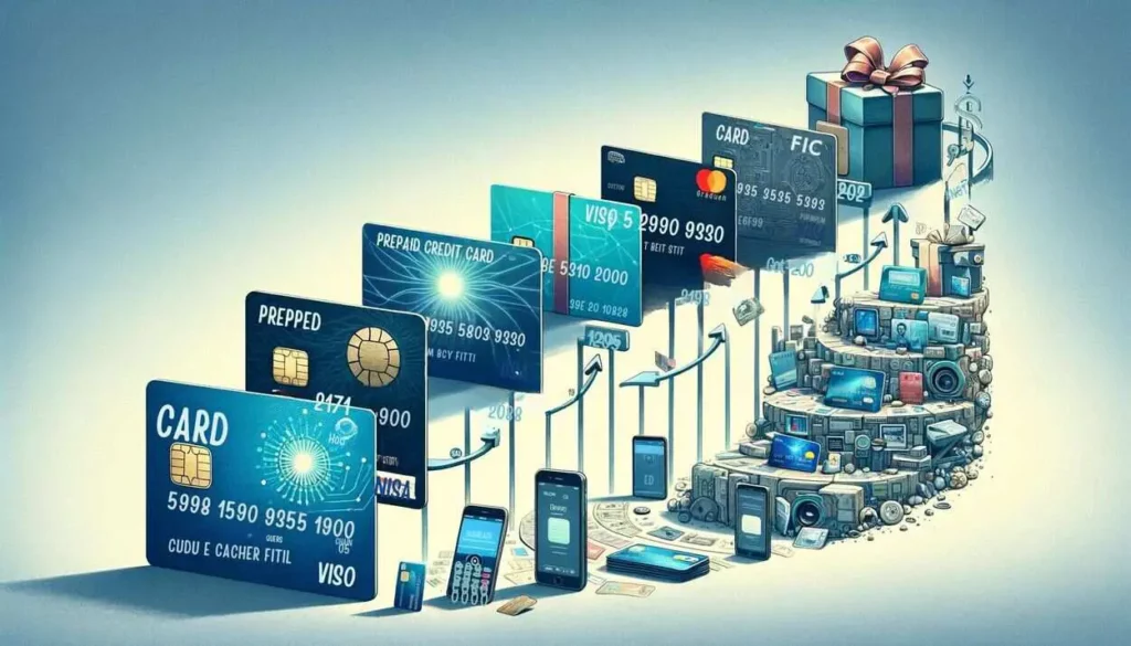 A detailed timeline illustrating the evolution of prepaid credit cards, starting with simple gift cards on the left and evolving into sophisticated financial instruments on the right. Early stages show basic gift card designs, which transition into advanced cards featuring chip technology, holograms, and a mobile phone representing mobile banking capabilities. The progression is guided by visual cues, set against a subtle background to highlight the development.