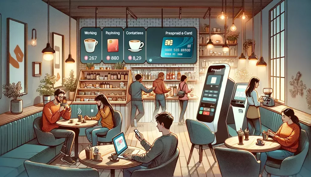 A cozy coffee shop interior scene with customers using prepaid credit cards for various activities, including a freelancer working on a laptop, friends sharing a meal, and a solo customer using an automated kiosk, all highlighting the versatility and convenience of prepaid cards in a warm, community setting.