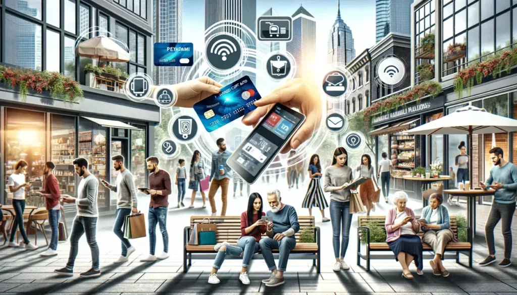 A modern city street scene depicting people of diverse ages using prepaid credit cards for various transactions, including contactless payments at a café, online shopping on a tablet, and checking balances on a smartphone, highlighting the convenience and widespread adoption of digital banking and contactless payment methods.