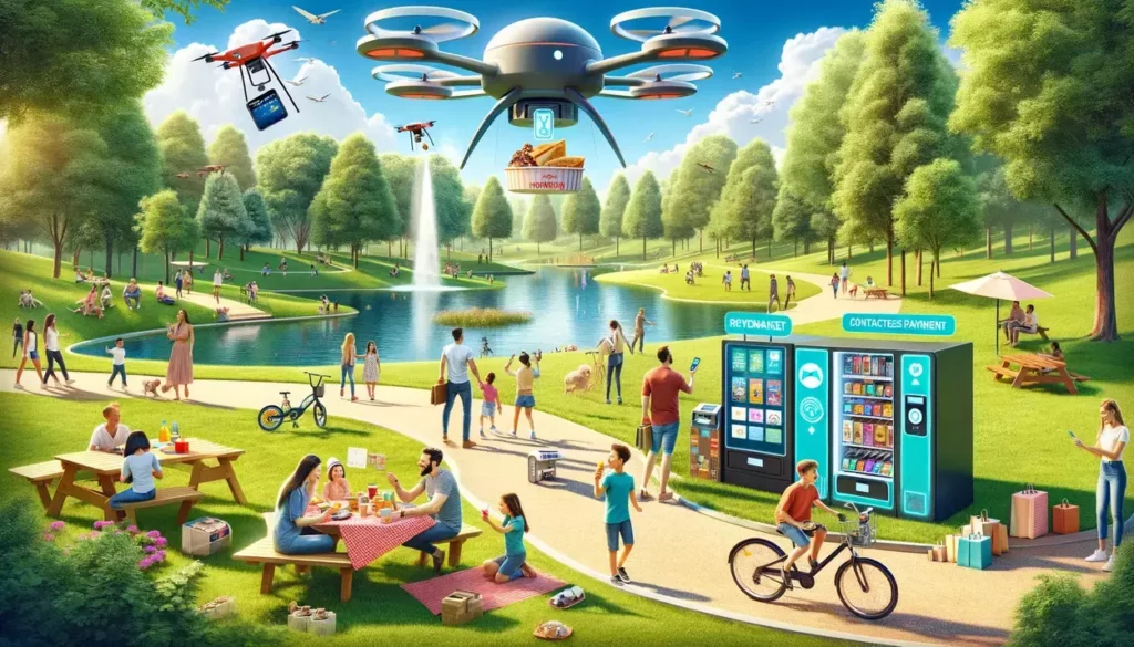 A serene public park scene where technology and prepaid credit cards facilitate leisure activities, featuring a family having a drone-delivered picnic, children using contactless payment at an ice cream vending machine, and a couple renting bicycles, all within a lush, vibrant park setting that blends modern convenience with nature.