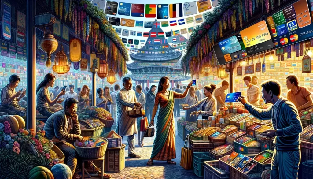 illustrations depicting a vibrant marketplace scene where diverse groups of people are engaging in transactions using international prepaid credit cards. Each image showcases the convenience and universal applicability of these financial tools in a lively, global setting.
