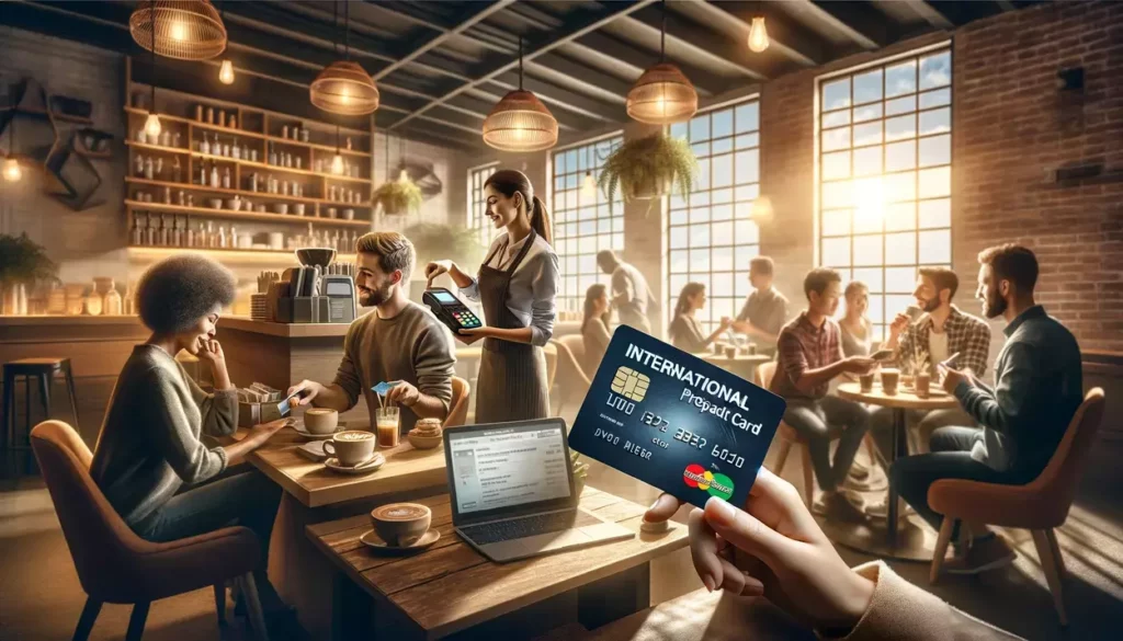 illustrations showing a cozy café scene with young adults using their international prepaid credit cards. The setting emphasizes the convenience and security of these cards in everyday leisure activities.