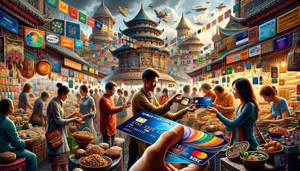 illustrations depicting a vibrant marketplace scene where diverse groups of people are engaging in transactions using international prepaid credit cards. Each image showcases the convenience and universal applicability of these financial tools in a lively, global setting. User