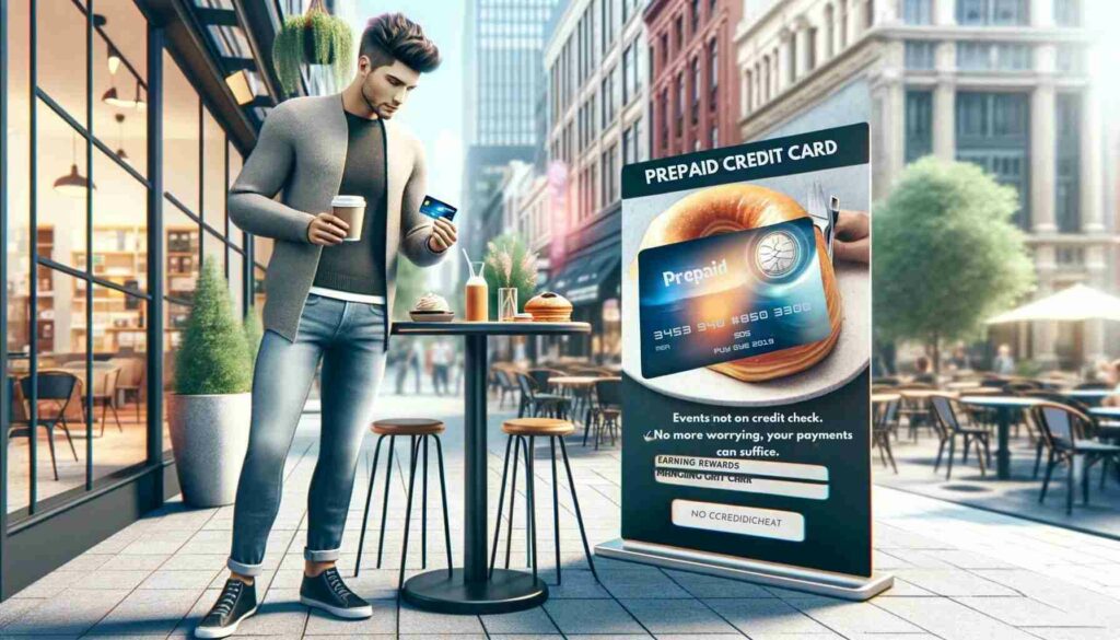 Individual at an outdoor cafe in a shopping district confidently using a prepaid credit card, embodying everyday smart financial habits.