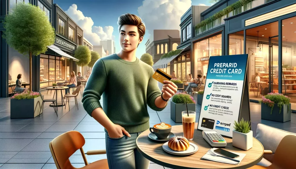 A person confidently using a prepaid credit card at a stylish outdoor cafe in a modern shopping district, highlighting smart financial management and the benefits of prepaid cards.