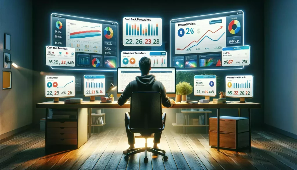 Strategic planning in action with a person at a home office desk, surrounded by screens showing detailed analysis of prepaid credit card rewards.