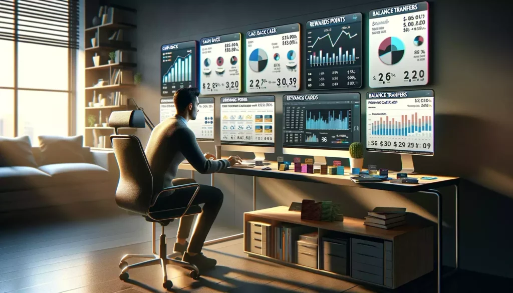 A person is seated at a home office desk, surrounded by screens showing financial data for managing prepaid credit cards, highlighting a strategic approach to maximizing credit card benefits.