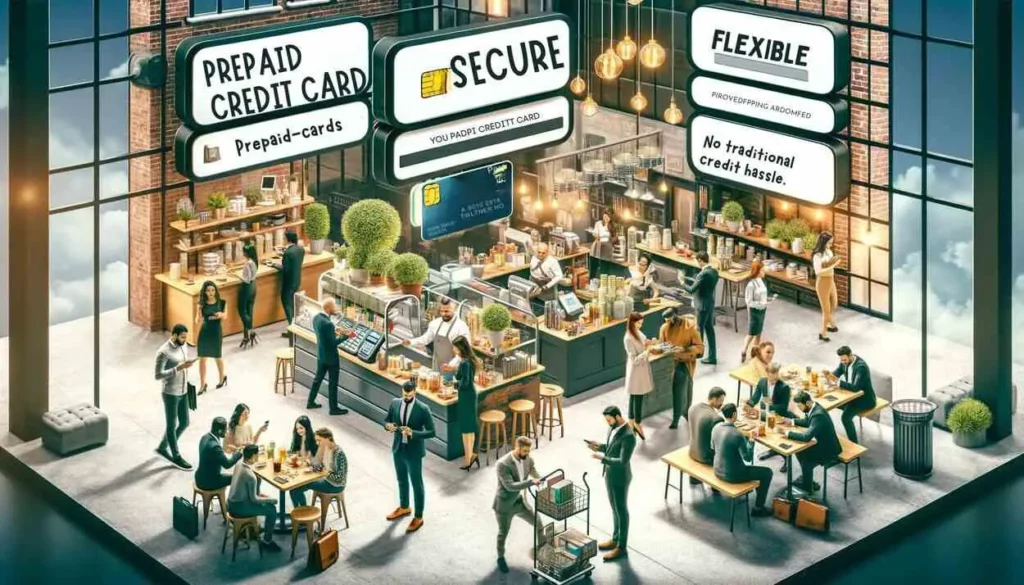 illustrations depicting the versatile use of prepaid credit cards in a modern cafe scene, showcasing their benefits for both business and personal use.