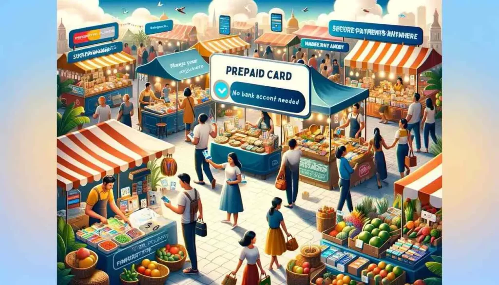 illustrations capturing the dynamic use of prepaid credit cards at an outdoor market, illustrating the cards' convenience and security in vibrant, everyday transactions.