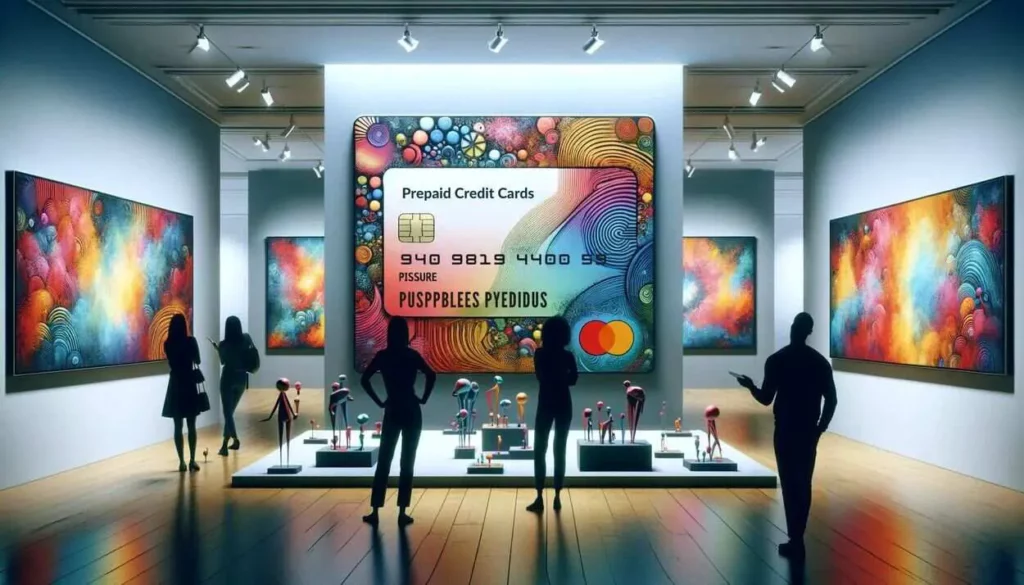 illustrations showing an art gallery scene inspired by the themes of prepaid credit cards, expressed through abstract art and sculptures.