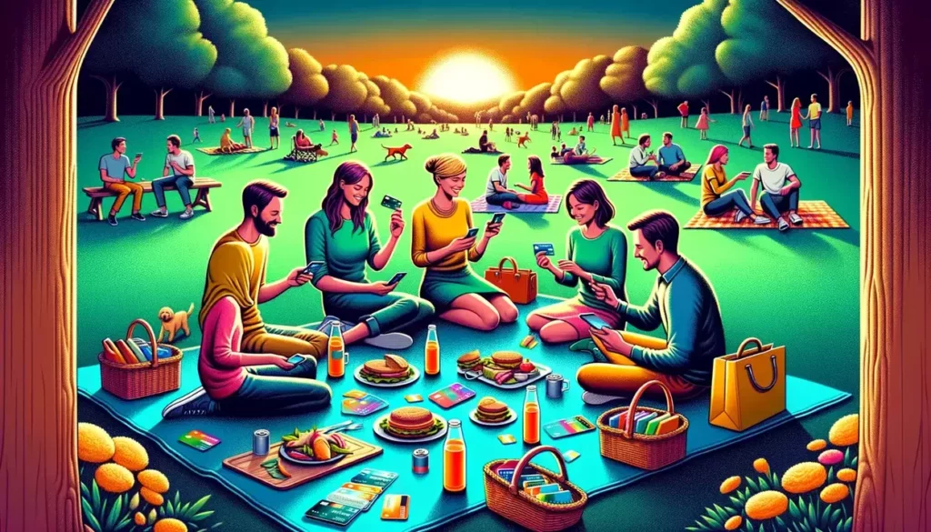 showcasing an evening picnic scene in a public park, where friends are enjoying their time together and discussing the benefits of prepaid credit cards. If there's anything else you'd like to see or modify, just let me know!