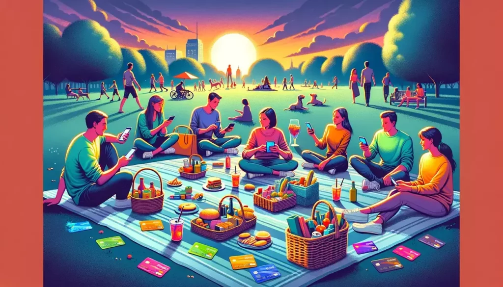 showcasing an evening picnic scene in a public park, where friends are enjoying their time together and discussing the benefits of prepaid credit cards. If there's anything else you'd like to see or modify, just let me know!