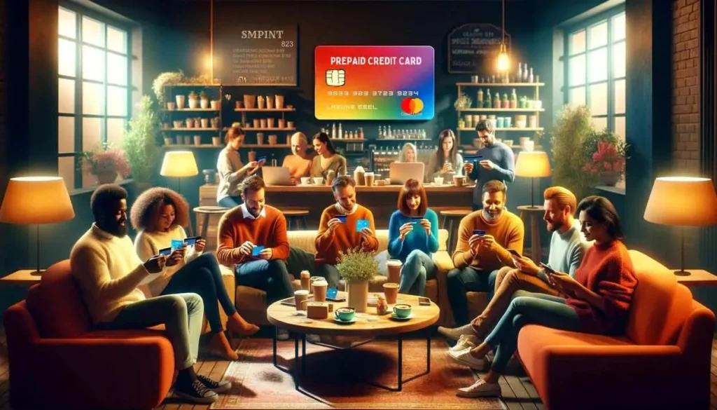 illustrations set in a cozy coffee shop, where customers are engaging with their prepaid credit cards. Each image captures the atmosphere of community and financial empowerment within the setting. If you have any further requests or adjustments, feel free to let me know!