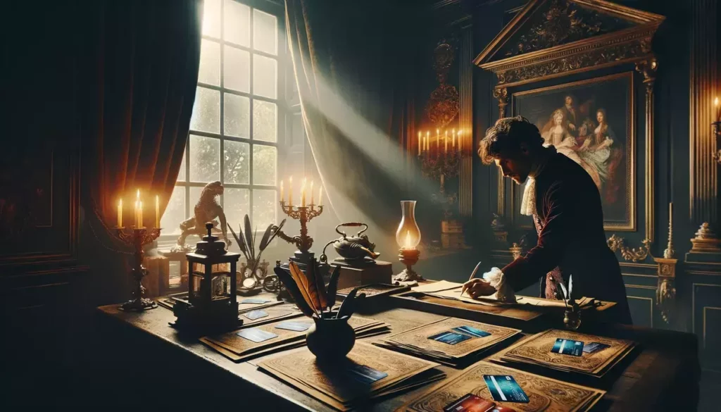 A person in 17th-century attire meticulously studying prepaid credit card documents by oil lamp light in a Baroque-style opulent study, with dramatic contrasts of light and shadow.