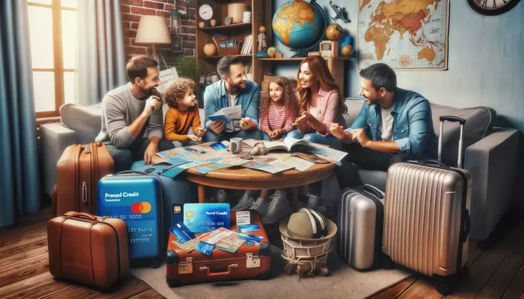 A family excitedly plans their trip around a living room table, surrounded by suitcases and cluttered with travel brochures, prepaid credit cards, and insurance documents, amid travel-themed decor.